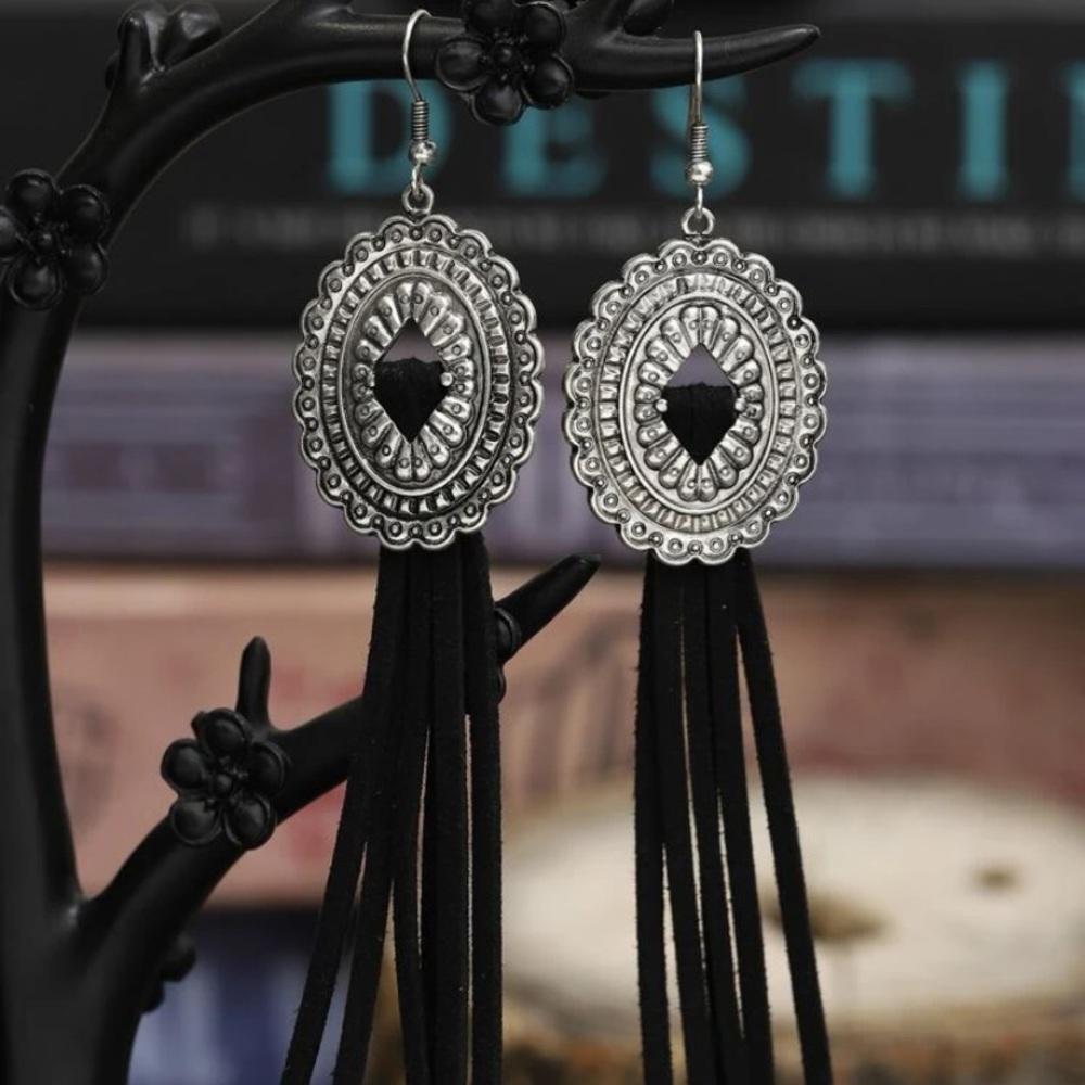 MAKE ME AND OFFER NEW Western Silver Concho Black Tassle Fringe Earring